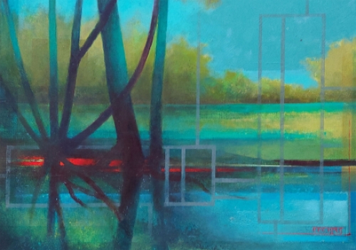 Eugène Eechaut met een landschapsschilderij