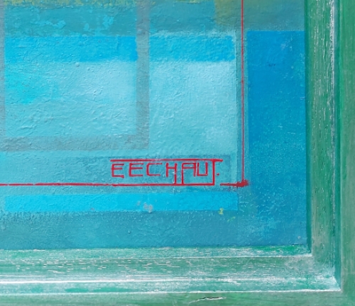 Eugène Eechaut met een kunstwerk uit 1991