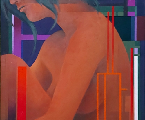 Eugène Eechaut met een olieverfschilderij