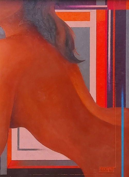Eugène Eechaut met een olieverfschilderij