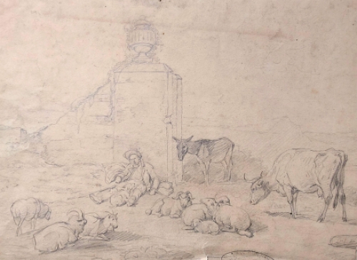 kunstenaar Eugène Verboeckhoven met enkele schetsen