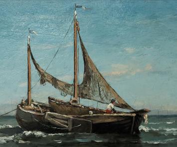 Belgische kunstschilder Eugène Wolters met een boot voor anker