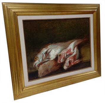 Stilleven met vissen op tafel