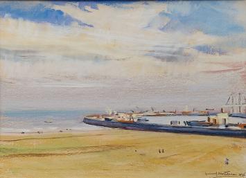 Franck Mortelmans met een pasteltekening, Zeemuur te Zeebrugge