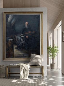 Oude man met viool en hond op de zolderkamer