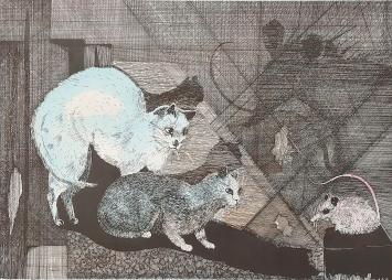 Chris Ferket  met een kunstwerk met poesjes