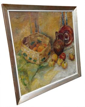 Pastueus stilleven met fruit, kan, schotel en mand