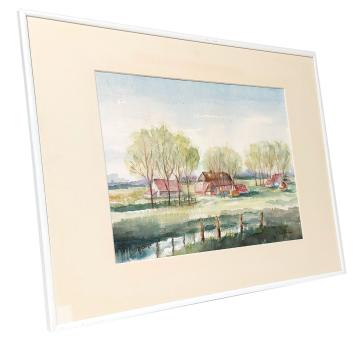 Aquarel, 3 huizen met bijhorende bomenpartij