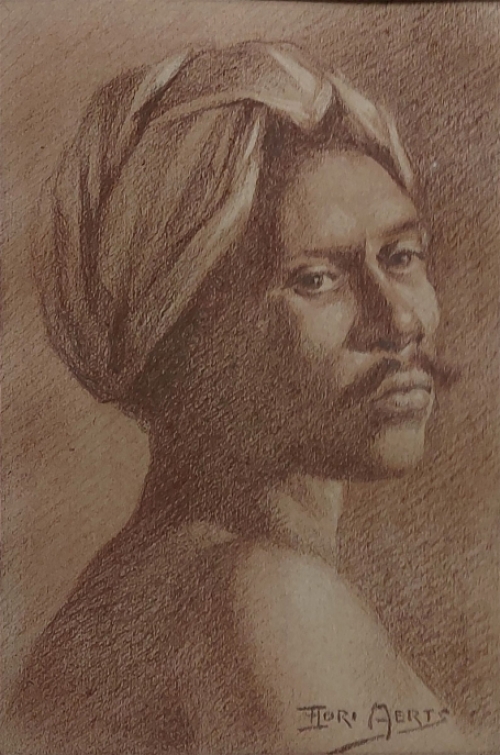 Flori Aerts met een tekening van het hoofd van een Oosterse man