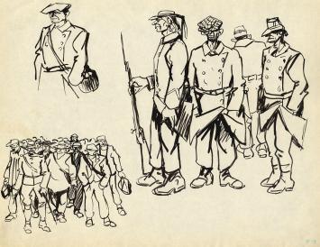 Tekening van Frans Masereel, soldaten aan het werk