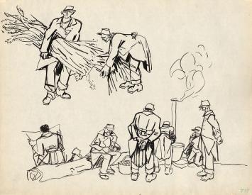 Tekening van Frans Masereel, soldaten aan veldkeuken
