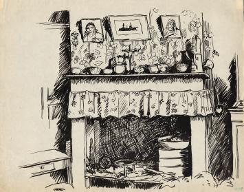 Tekeningen van Frans Masereel, open haard met prenten erboven