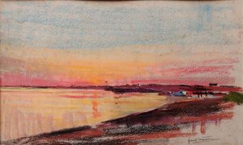 Franck Mortelmans met een pasteltekening, Scheldebocht