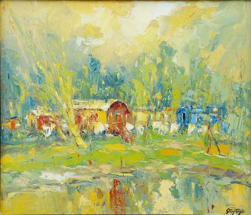 Frans geerinckx met een kleurrijk kunstwerkje