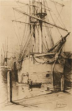 Frans Hens met een ets van een boot, een driemaster