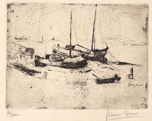 Frans Hens met een ets van bootjes
