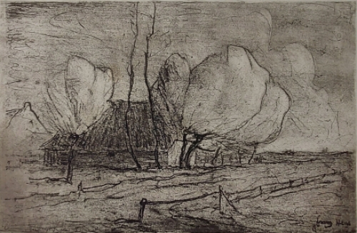 Frans Hens met een ets van een landschap