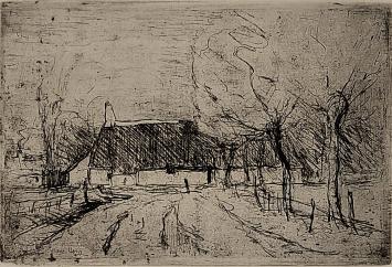 Frans Hens met een ets van een boerderij