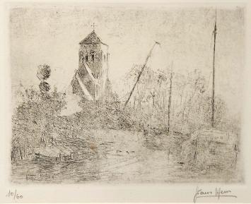 Frans Hens met een ets van kerkje en boten