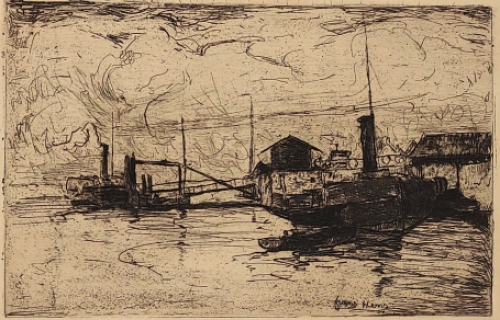 Frans Hens met een ets van een stoomboot