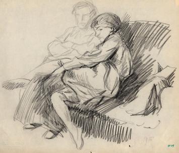 Tekening van Frans Masereel, Vrouw en man in zetel