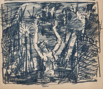 Studieschets van F. Masereel, man tegen meerpaal