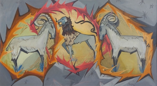Frans Minnaert met een schilderij uit 1961