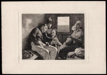 Gravure van Frans Proost, op de trein