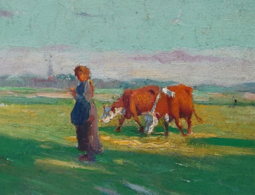 Kunstenaar Frans Van Giel met een romantisch schilderijtje