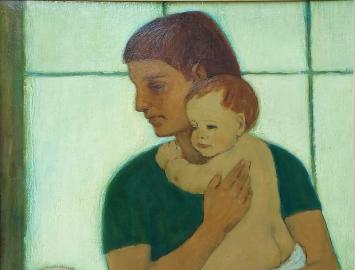 Kunstenaar Frans Van Giel met een schilderij op paneel