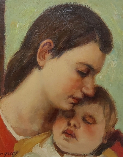 Kunstenaar Frans Van Giel met een romantisch schilderijtje