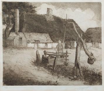 Frans Van Giel met een ets, boerin aan de waterput