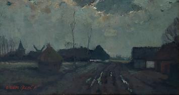 Kunstenaar Frans Van Giel met een landschapsschilderij