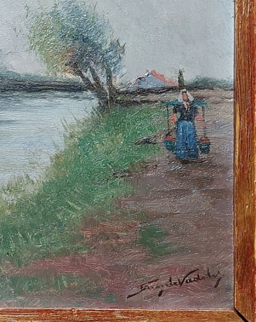 Waterdraagster naast rivier met boerderij en windmolen