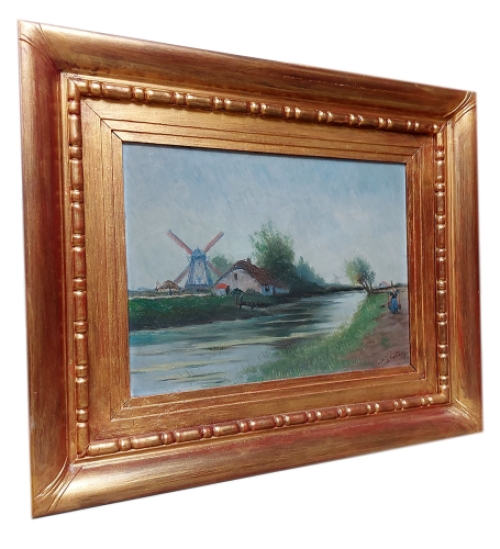 Waterdraagster naast rivier met boerderij en windmolen