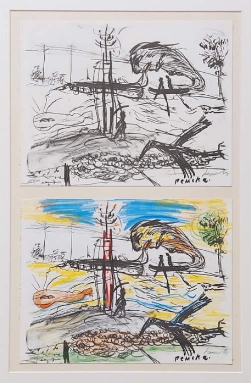 Belgische graficus Fred Bervoets met twee litho\'s