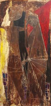 Fred Bourlard met een groot abstract kunstwerk