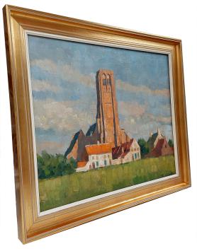 Kerk te Damme vanuit de velden geschilderd