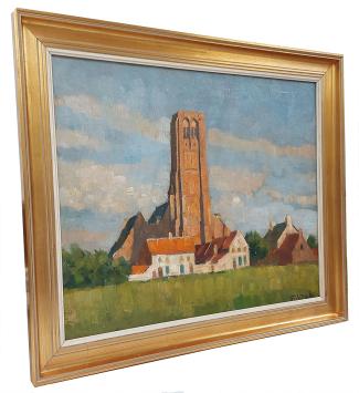 Kerk te Damme vanuit de velden geschilderd