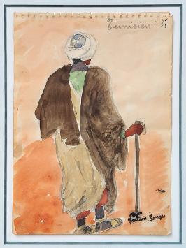 De Belgische kunstenaar George Creten  met een kleine aquarel