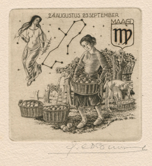 Belgische graficus Gustaaf De Bruyne met Maagd gravure