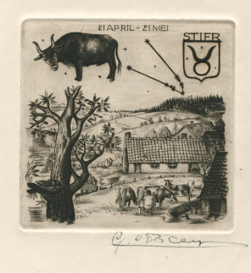 Belgische graficus Gustaaf De Bruyne met Steenbok gravure