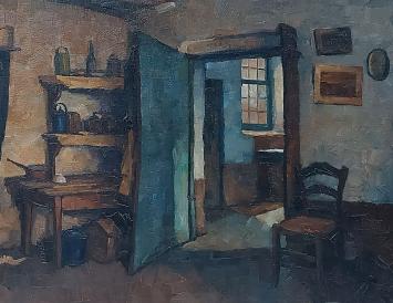 Guillaume Michiels met een olieverfschilderij op doek