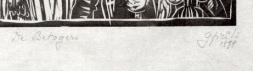 Gustaaf Prils  met een grafisch werk, gemengde techniek