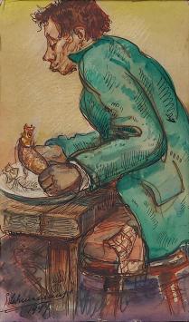 Gaston Schuermans  met een schilderij uit 1947