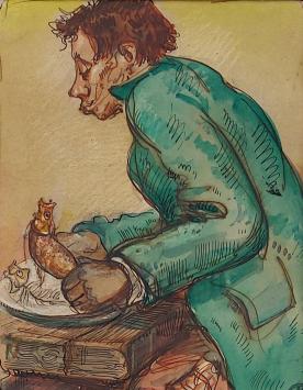 De Belgische kunstenaar Gaston Schuermans  met een aquarel