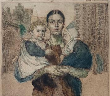 Kunstenaar Henri Geertsen, moeder met kinderen