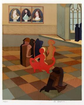 Silkscreen “De hoeren van Babylon 1969 (106/165)” by Vic Gentils with silhouettes and coloured geometric floor.