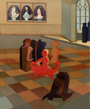 Sérigraphie “De hoeren van Babylon 1969 (106/165)” de Vic Gentils avec silhouettes et sol géométrique coloré.