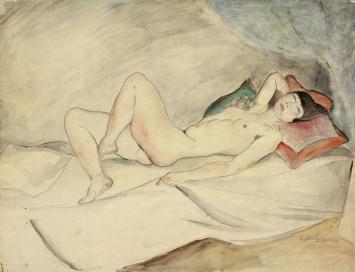 De Belgische kunstenaar George Creten  met een aquarel uit 1927